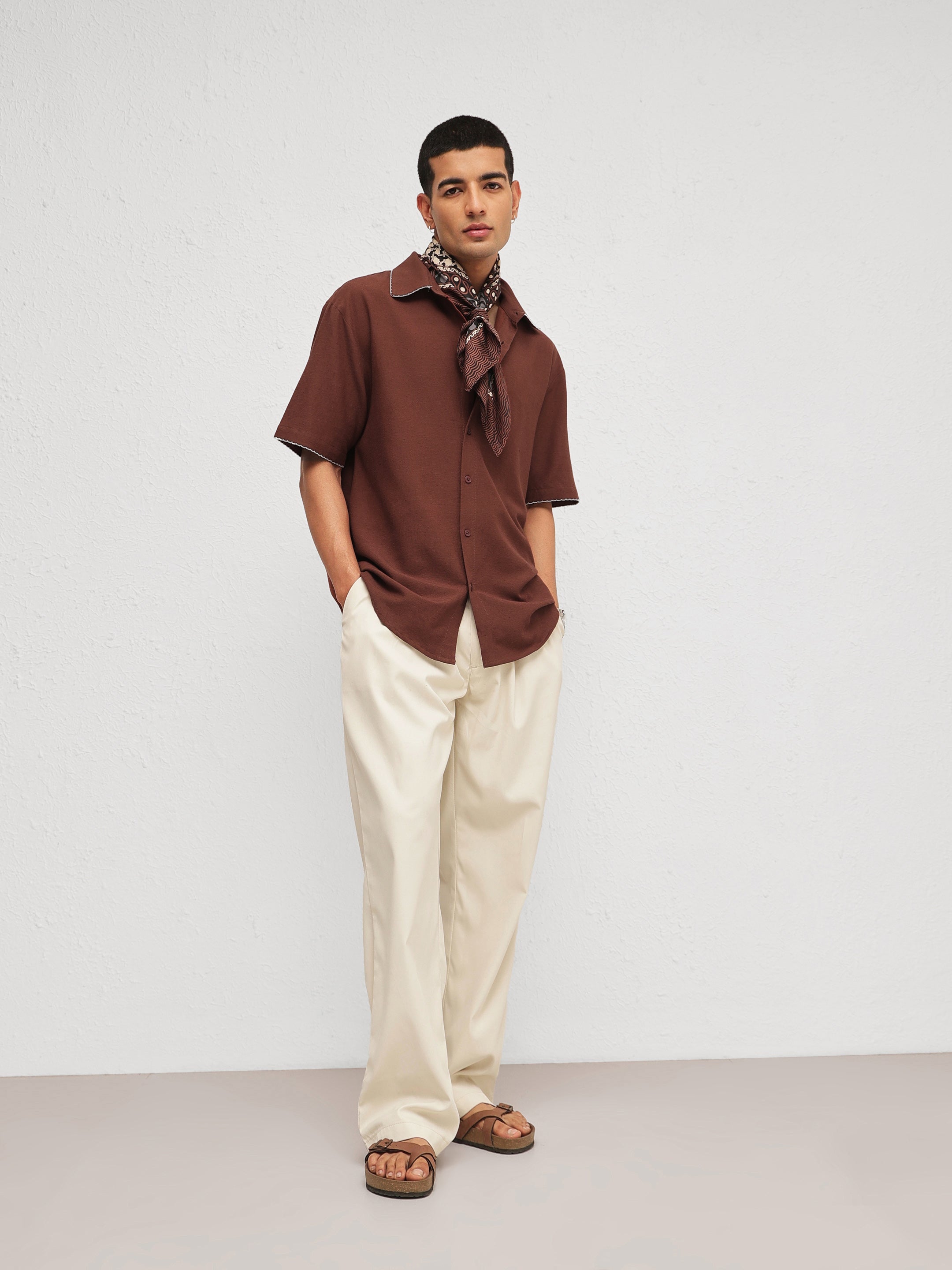 Men Brown Linen Thread Detail Relax Fit Short Sleeve Shirt