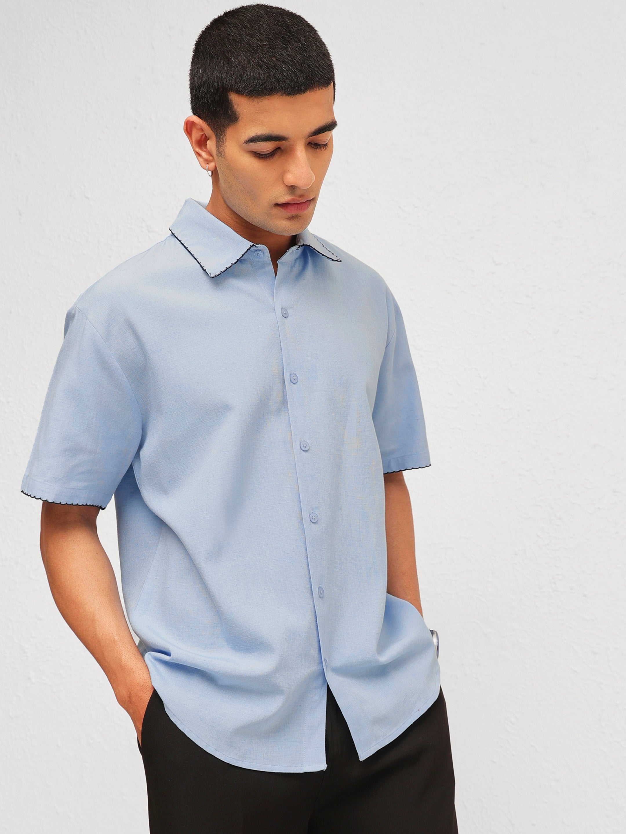 Men Blue Linen Thread Detail Relax Fit Short Sleeve Shirt