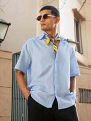 Men Blue Linen Thread Detail Relax Fit Short Sleeve Shirt
