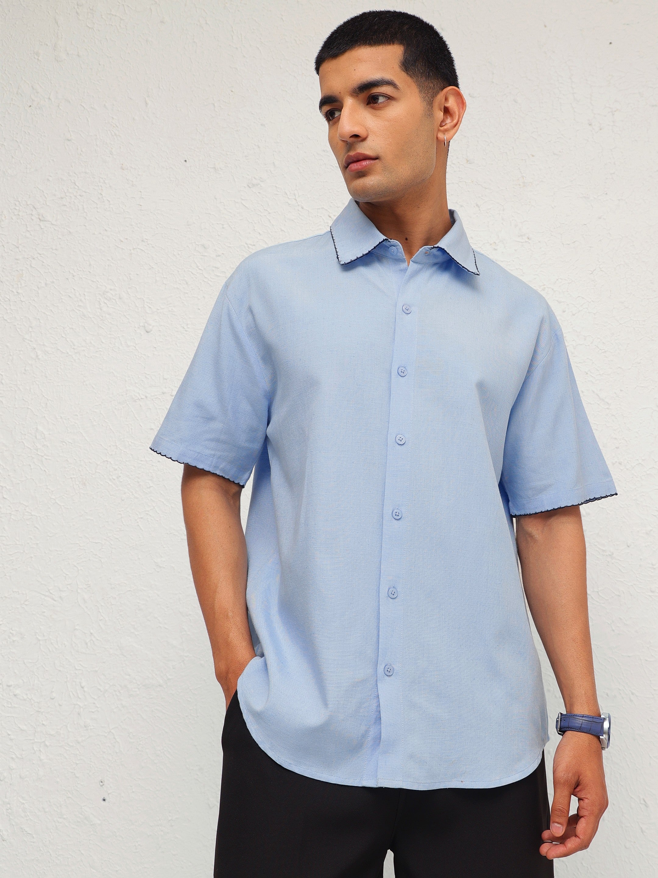 Men Blue Linen Thread Detail Relax Fit Short Sleeve Shirt