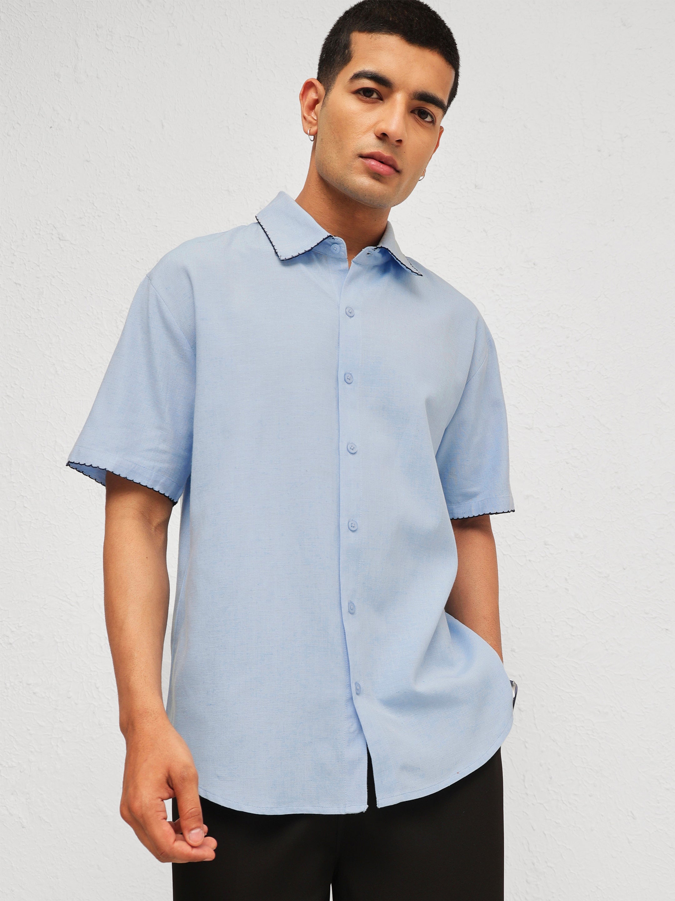 Men Blue Linen Thread Detail Relax Fit Short Sleeve Shirt