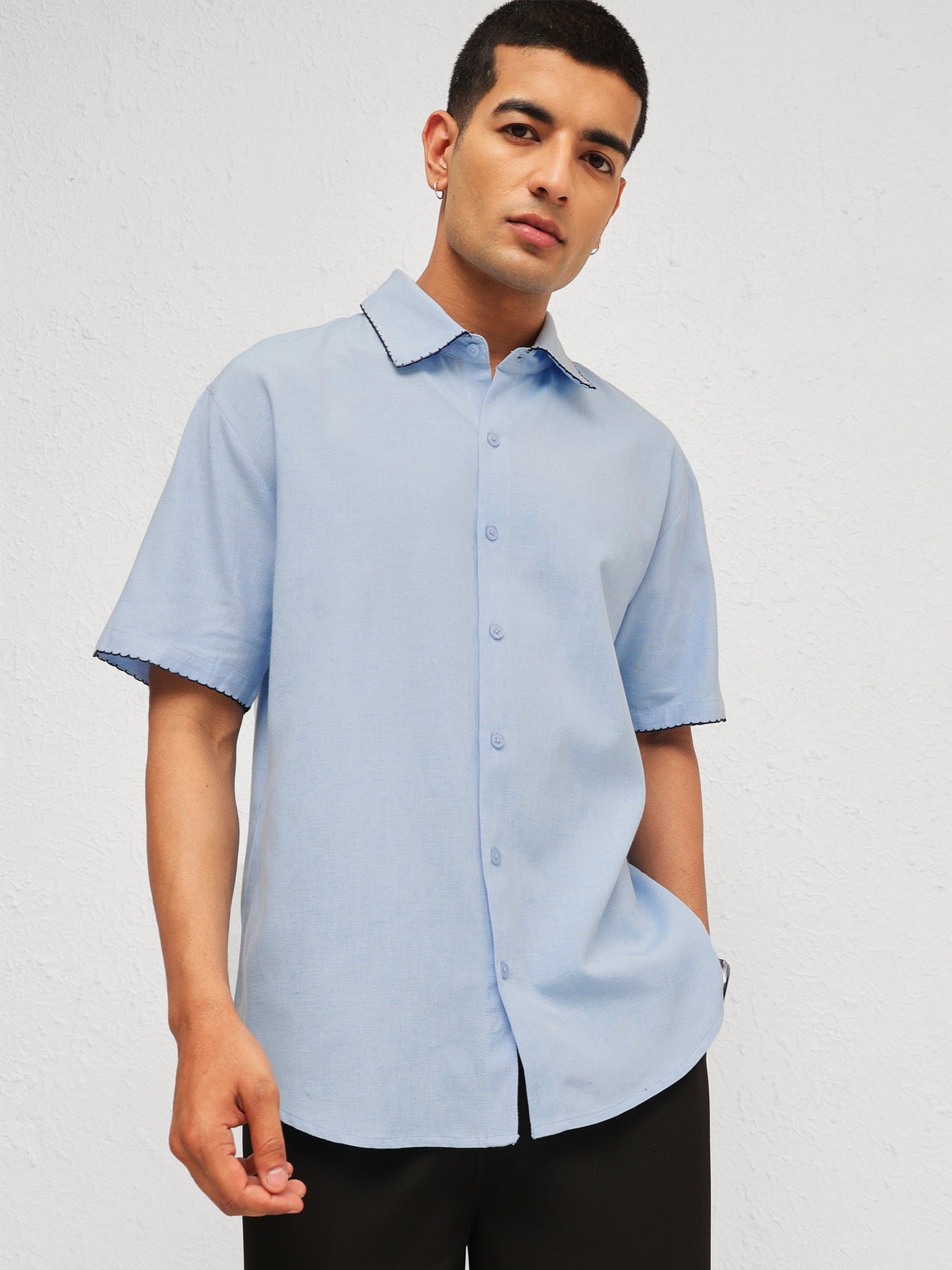 Men Blue Linen Thread Detail Relax Fit Short Sleeve Shirt