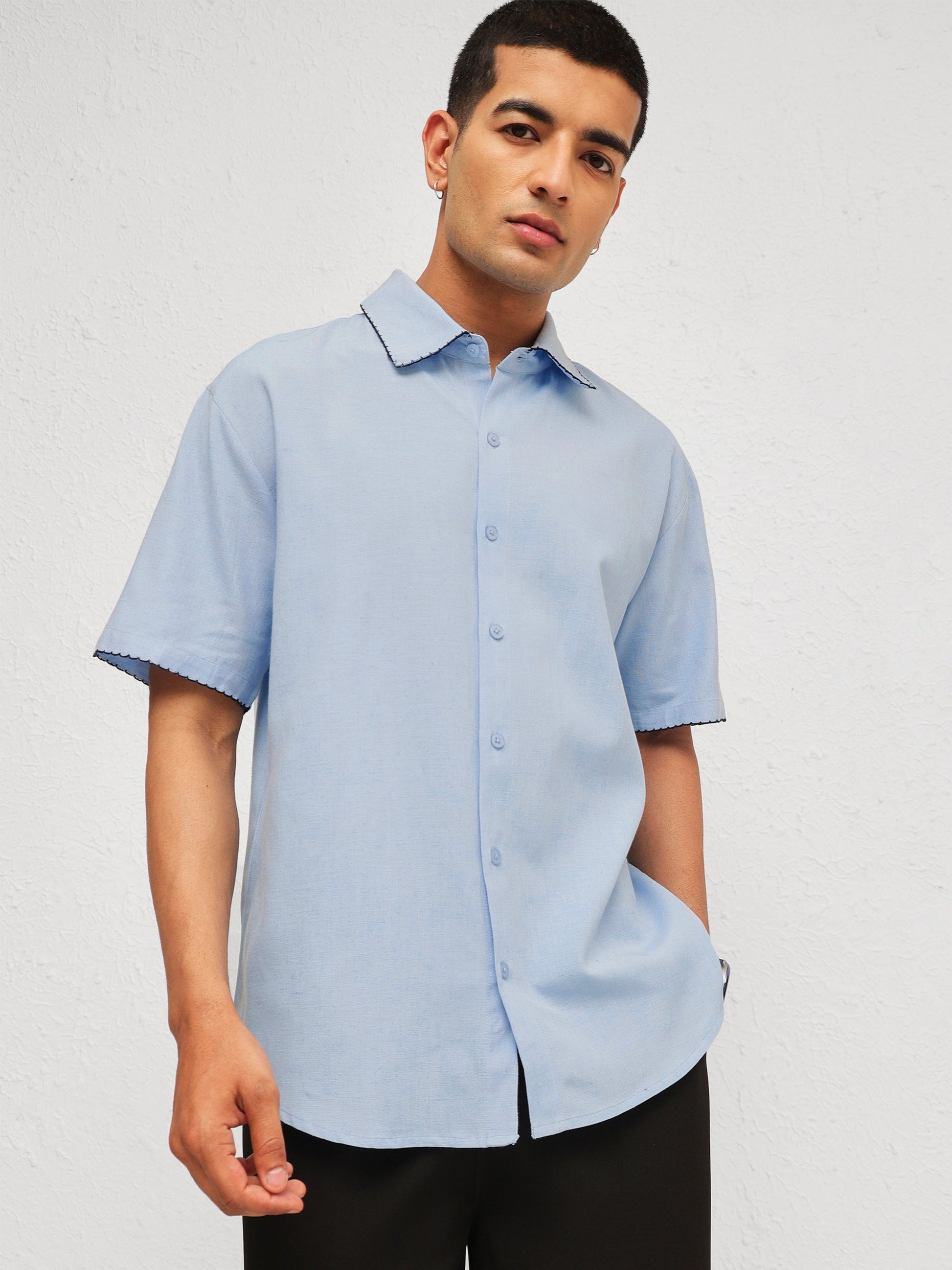 Men Blue Linen Thread Detail Relax Fit Short Sleeve Shirt