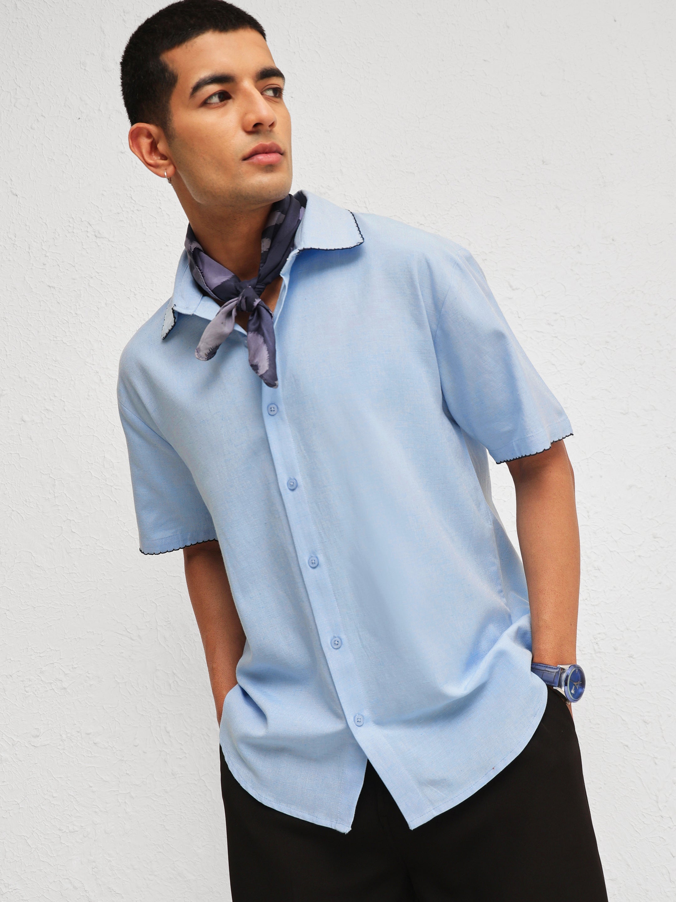 Men Blue Linen Thread Detail Relax Fit Short Sleeve Shirt