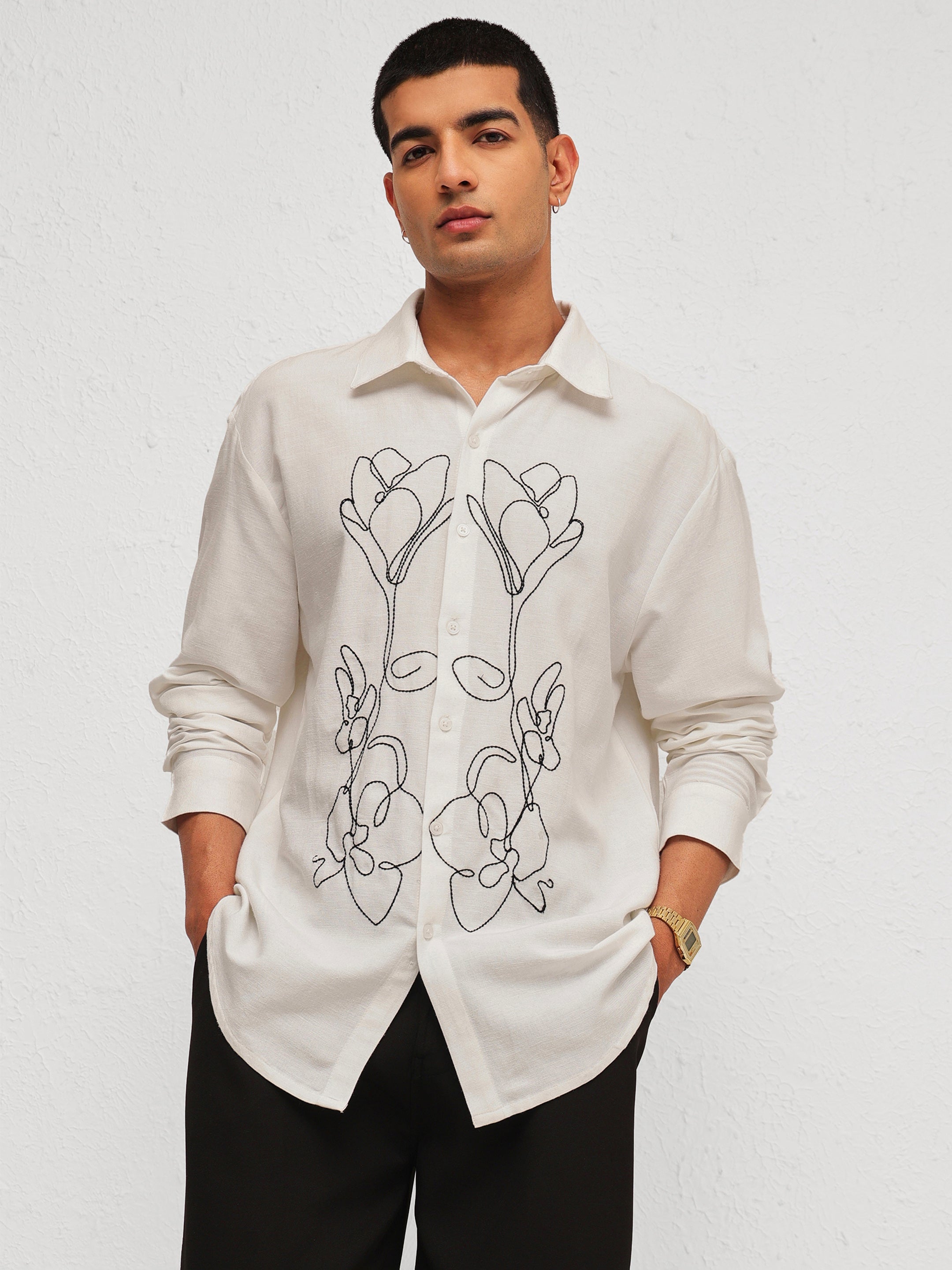 Men White Linen Flower Embroidery Relax Fit Full Sleeve Shirt