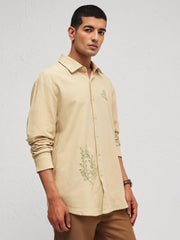 Men Beige Linen BUG Embroidery Relax Fit Full Sleeve Shirt