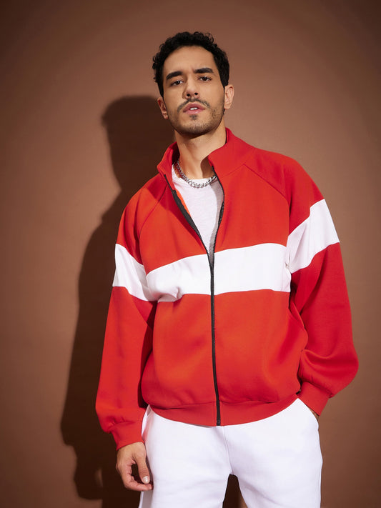 Men Red & White Colorblock Oversized Zipper Sweatshirt