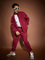 Men Maroon Front Zipper Oversized Sweatshirt