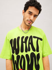 تي شيرت كبير الحجم للجنسين باللون الأخضر مكتوب عليه WHAT WOW