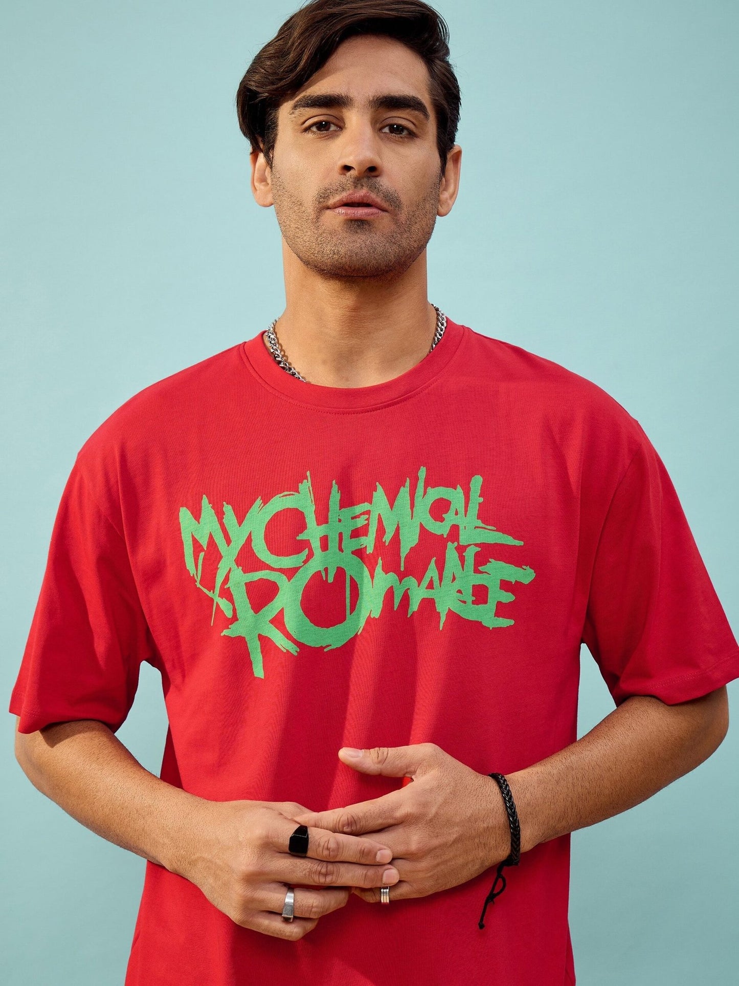 تيشيرت MASCLN SASSAFRAS - أحمر للجنسين، مقاس كبير، بتصميم CHEMICAL ROMANCE