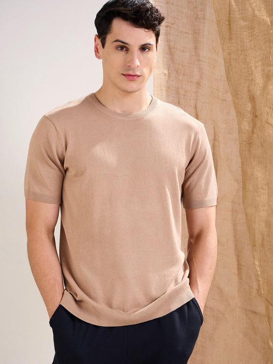 Men Beige Premium Loose-Knit T-Shirt