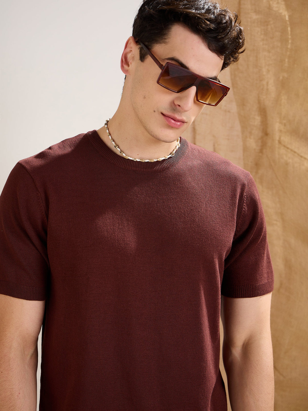 Men Brown Premium Loose-Knit T-Shirt
