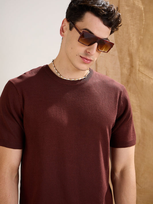 Men Brown Premium Loose-Knit T-Shirt