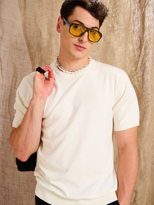 Men Ecru Beige Premium Loose-Knit T-Shirt