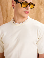 Men Ecru Beige Premium Loose-Knit T-Shirt