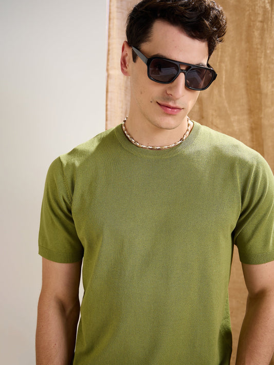 Men Olive Premium Loose-Knit T-Shirt