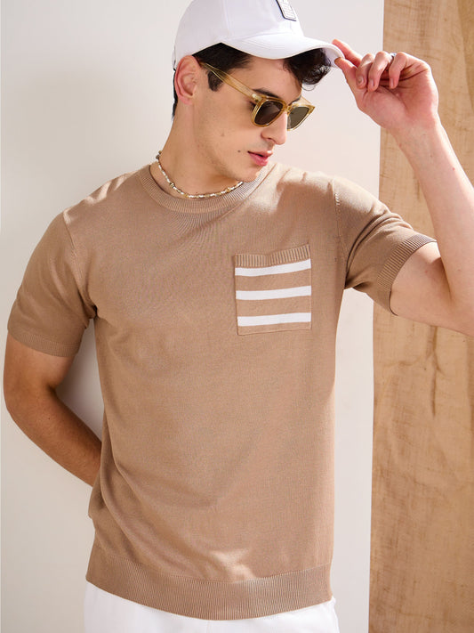 Men Beige Premium Loose-Knit Contrast Pocket T-Shirt