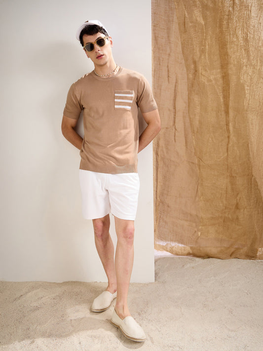 Men Beige Premium Loose-Knit Contrast Pocket T-Shirt