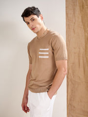 Men Beige Premium Loose-Knit Contrast Pocket T-Shirt