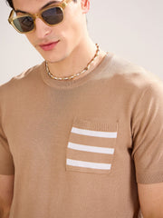 Men Beige Premium Loose-Knit Contrast Pocket T-Shirt