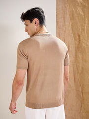 Men Beige Premium Loose-Knit Contrast Pocket T-Shirt