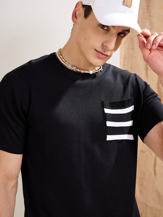Men Black Premium Loose-Knit Contrast Pocket-T-Shirt