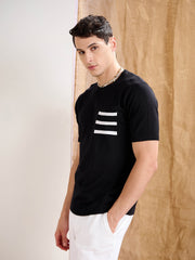 Men Black Premium Loose-Knit Contrast Pocket-T-Shirt