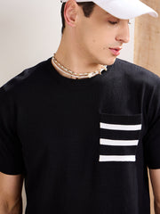 Men Black Premium Loose-Knit Contrast Pocket-T-Shirt
