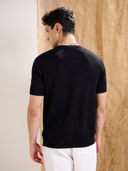 Men Black Premium Loose-Knit Contrast Pocket-T-Shirt