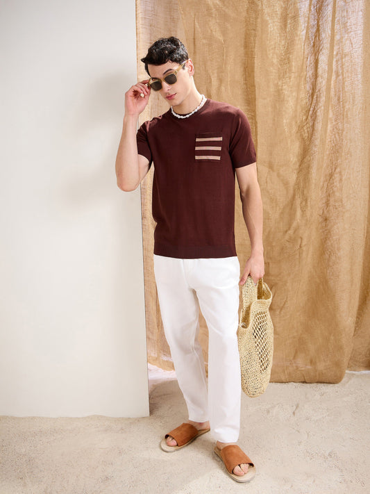 Men Brown Premium Loose-Knit Contrast Pocket T-Shirt