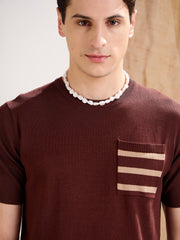 Men Brown Premium Loose-Knit Contrast Pocket T-Shirt