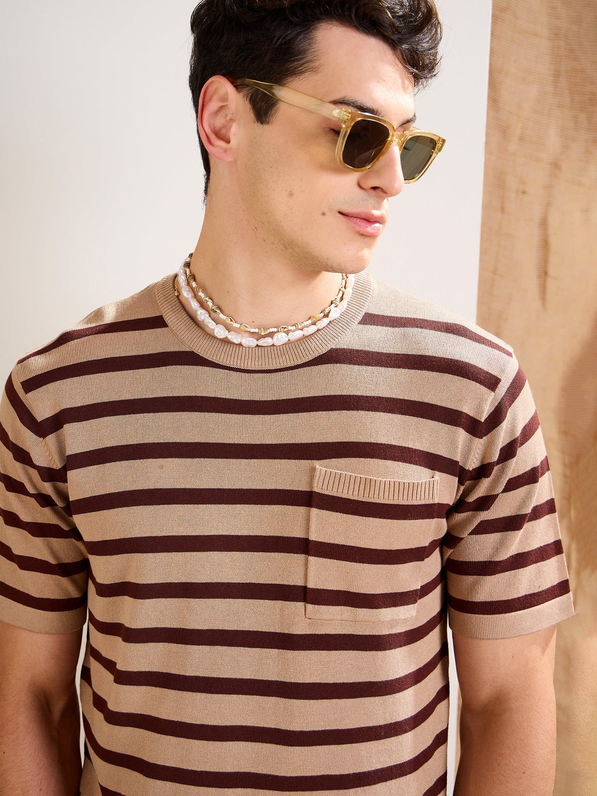 Men Beige & Brown Stripes Premium Loose-Knit Chest Pocket T-Shirt