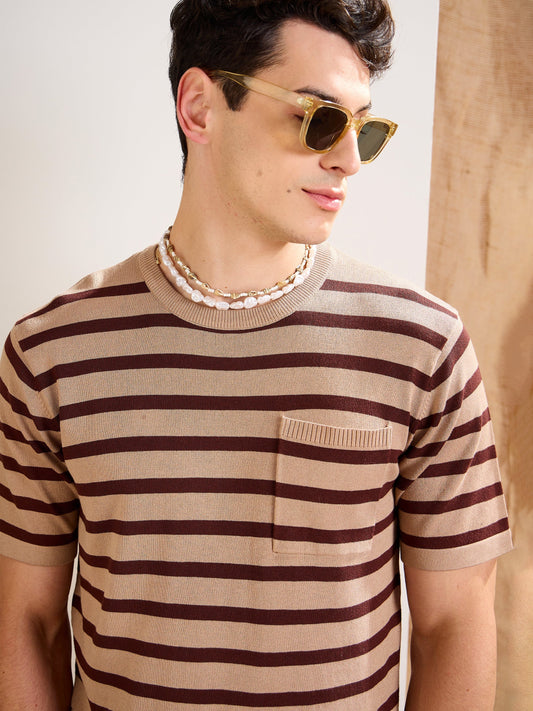 Men Beige & Brown Stripes Premium Loose-Knit Chest Pocket T-Shirt