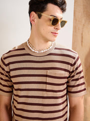 Men Beige & Brown Stripes Premium Loose-Knit Chest Pocket T-Shirt