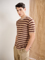 Men Beige & Brown Stripes Premium Loose-Knit Chest Pocket T-Shirt