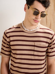 Men Beige & Brown Stripes Premium Loose-Knit Chest Pocket T-Shirt