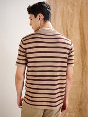 Men Beige & Brown Stripes Premium Loose-Knit Chest Pocket T-Shirt
