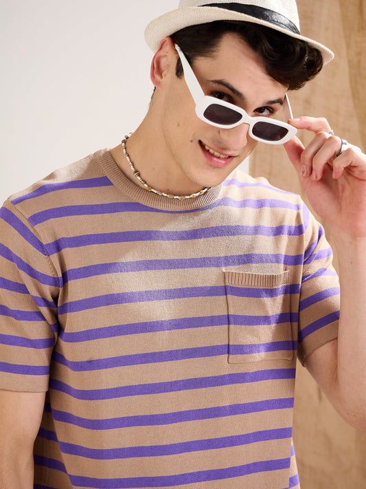 Men Beige & Voilet Stripes Premium Loose-Knit Chest Pocket T-Shirt