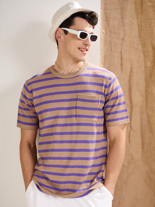 Men Beige & Voilet Stripes Premium Loose-Knit Chest Pocket T-Shirt