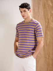 Men Beige & Voilet Stripes Premium Loose-Knit Chest Pocket T-Shirt