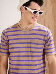 Men Beige & Voilet Stripes Premium Loose-Knit Chest Pocket T-Shirt