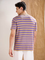 Men Beige & Voilet Stripes Premium Loose-Knit Chest Pocket T-Shirt