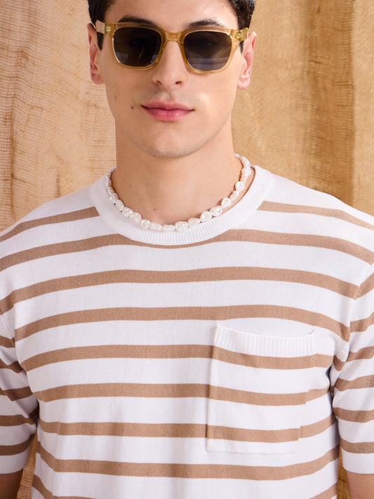 Men White & Beige Stripes Premium Loose-Knit Chest Pocket T-Shirt