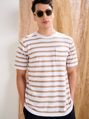 Men White & Beige Stripes Premium Loose-Knit Chest Pocket T-Shirt