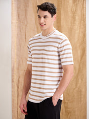 Men White & Beige Stripes Premium Loose-Knit Chest Pocket T-Shirt