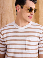 Men White & Beige Stripes Premium Loose-Knit Chest Pocket T-Shirt