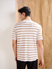 Men White & Beige Stripes Premium Loose-Knit Chest Pocket T-Shirt