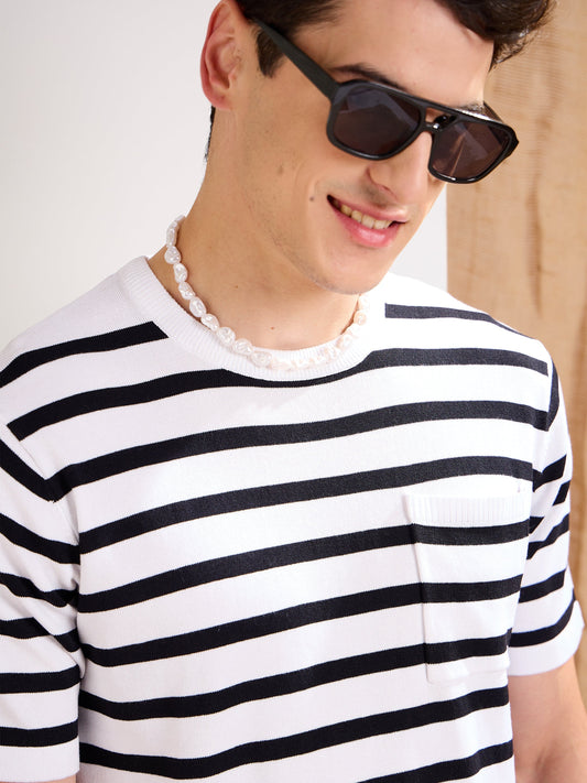 Men White & Black Stripes Premium Loose-Knit Chest Pocket T-Shirt