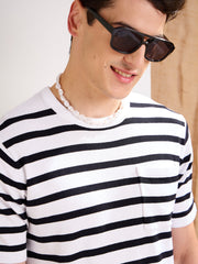Men White & Black Stripes Premium Loose-Knit Chest Pocket T-Shirt