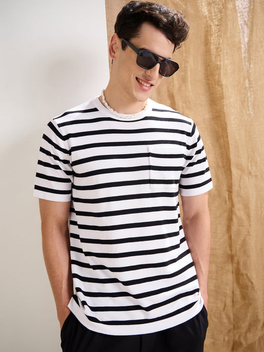 Men White & Black Stripes Premium Loose-Knit Chest Pocket T-Shirt